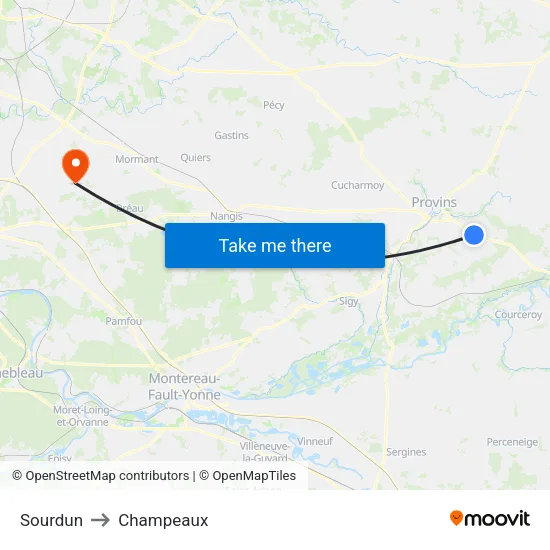 Sourdun to Champeaux map