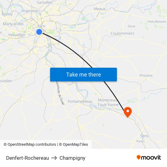 Denfert-Rochereau to Champigny map