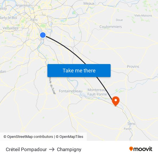 Créteil Pompadour to Champigny map