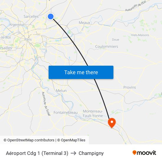 Aéroport Cdg 1 (Terminal 3) to Champigny map