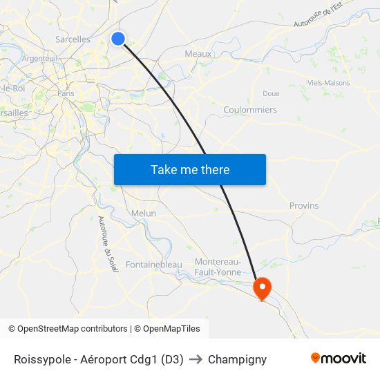 Roissypole - Aéroport Cdg1 (D3) to Champigny map