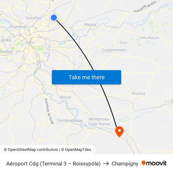 Aéroport Cdg (Terminal 3 – Roissypôle) to Champigny map