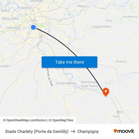 Stade Charléty (Porte de Gentilly) to Champigny map