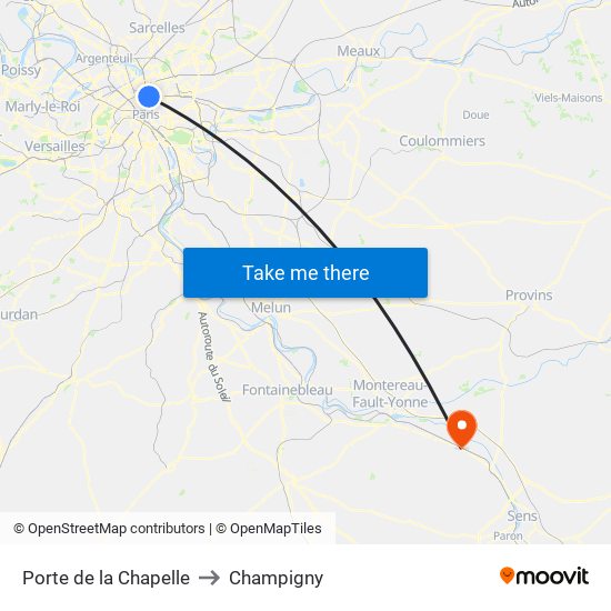 Porte de la Chapelle to Champigny map