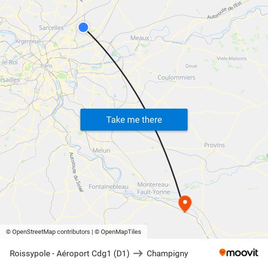 Roissypole - Aéroport Cdg1 (D1) to Champigny map