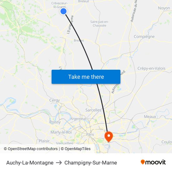 Auchy-La-Montagne to Champigny-Sur-Marne map