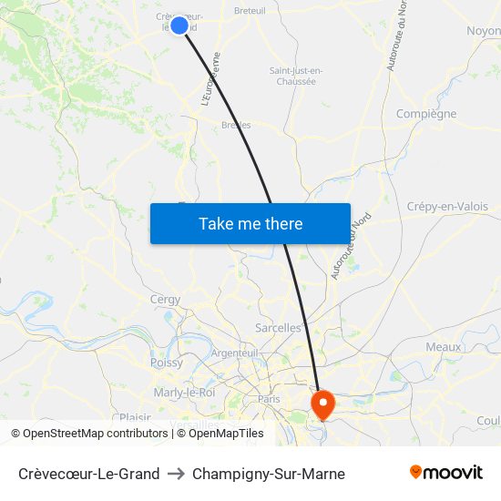 Crèvecœur-Le-Grand to Champigny-Sur-Marne map