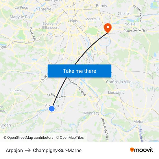 Arpajon to Champigny-Sur-Marne map