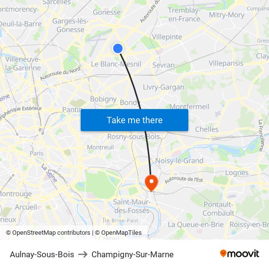 Aulnay-Sous-Bois to Champigny-Sur-Marne map