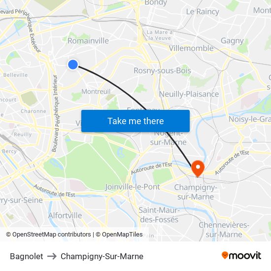 Bagnolet to Champigny-Sur-Marne map