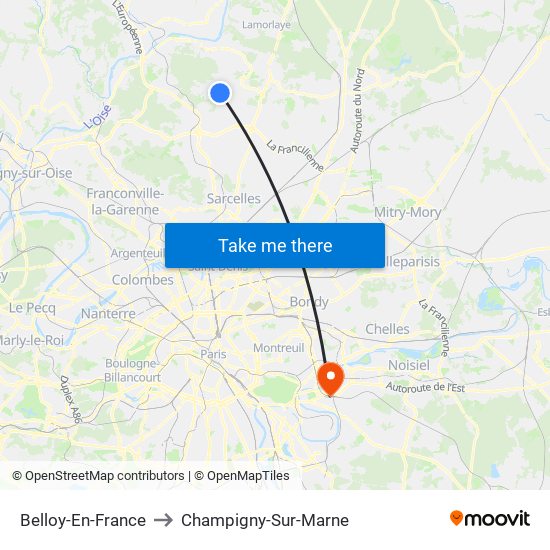 Belloy-En-France to Champigny-Sur-Marne map