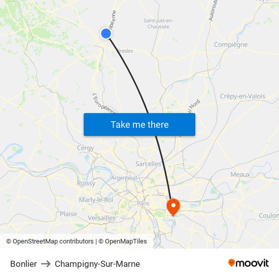 Bonlier to Champigny-Sur-Marne map