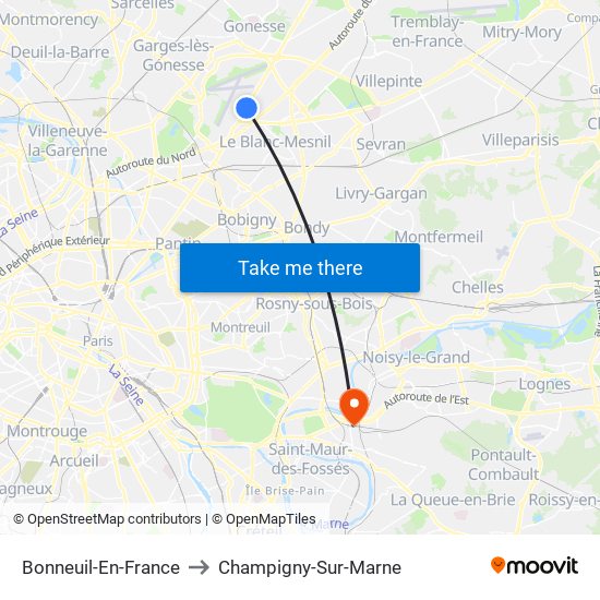 Bonneuil-En-France to Champigny-Sur-Marne map