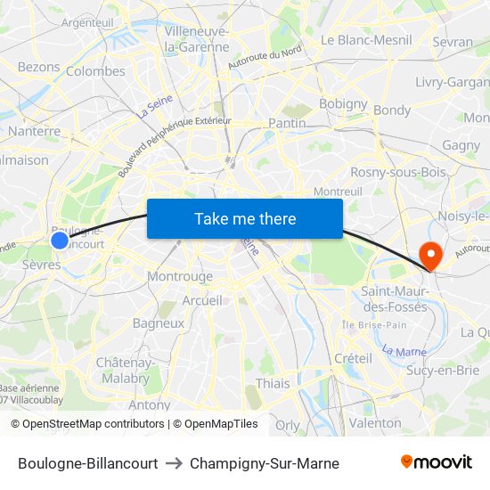 Boulogne-Billancourt to Champigny-Sur-Marne map