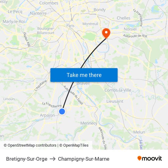 Bretigny-Sur-Orge to Champigny-Sur-Marne map