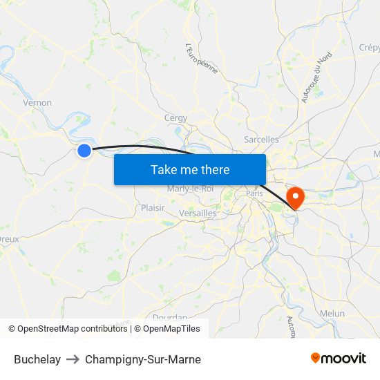 Buchelay to Champigny-Sur-Marne map