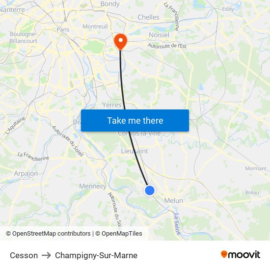 Cesson to Champigny-Sur-Marne map