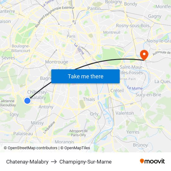 Chatenay-Malabry to Champigny-Sur-Marne map