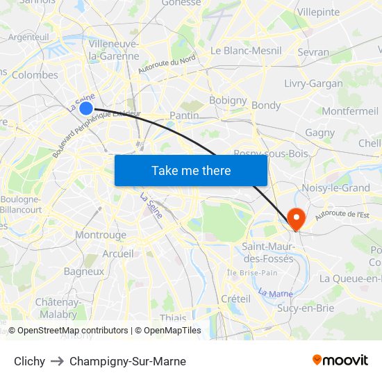 Clichy to Champigny-Sur-Marne map