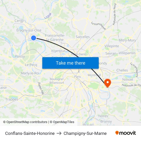 Conflans-Sainte-Honorine to Champigny-Sur-Marne map