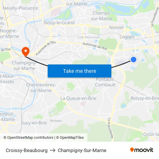 Croissy-Beaubourg to Champigny-Sur-Marne map