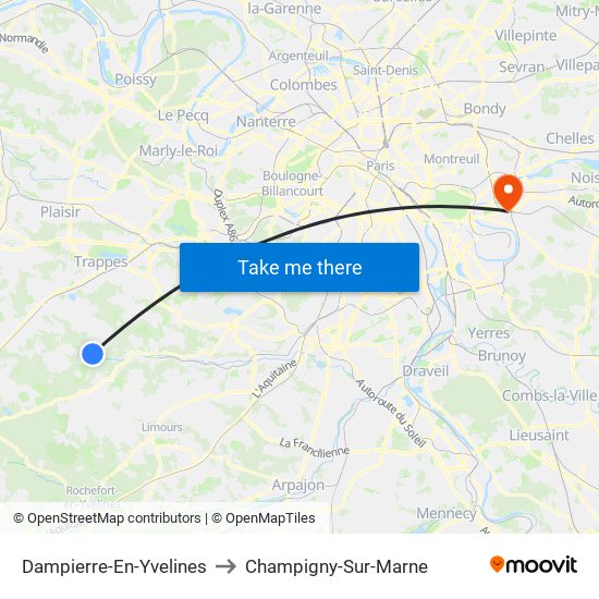 Dampierre-En-Yvelines to Champigny-Sur-Marne map