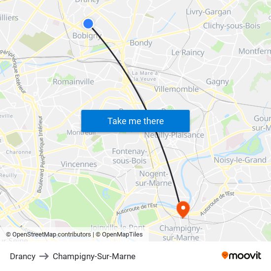 Drancy to Champigny-Sur-Marne map