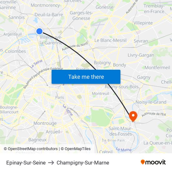 Epinay-Sur-Seine to Champigny-Sur-Marne map