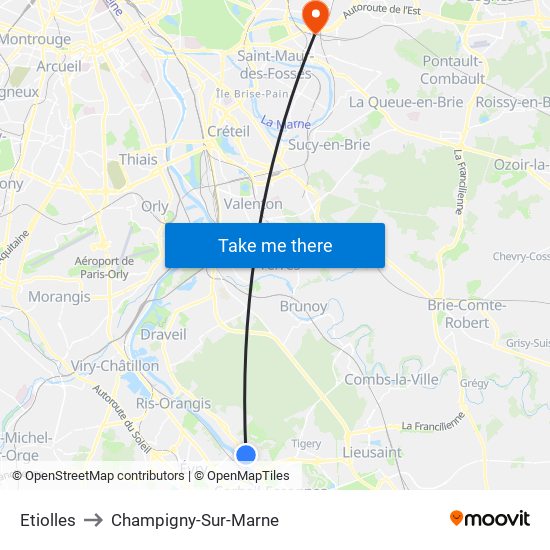 Etiolles to Champigny-Sur-Marne map