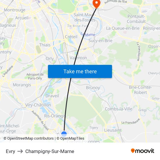 Evry to Champigny-Sur-Marne map
