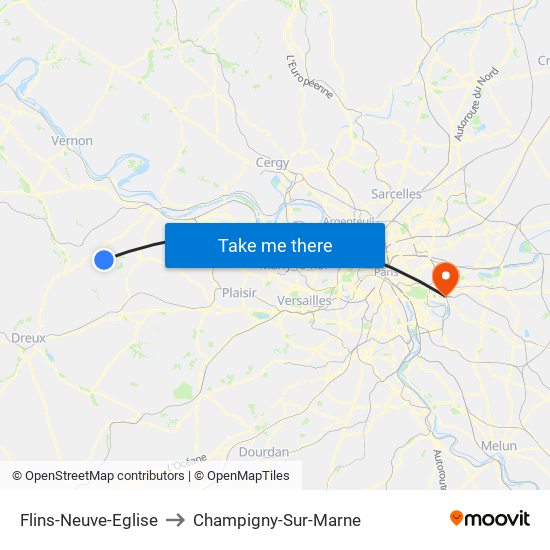 Flins-Neuve-Eglise to Champigny-Sur-Marne map