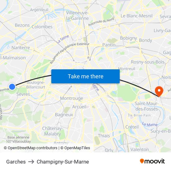 Garches to Champigny-Sur-Marne map