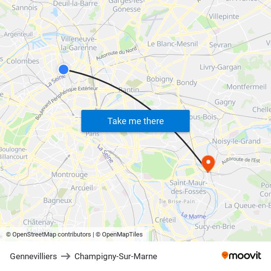 Gennevilliers to Champigny-Sur-Marne map