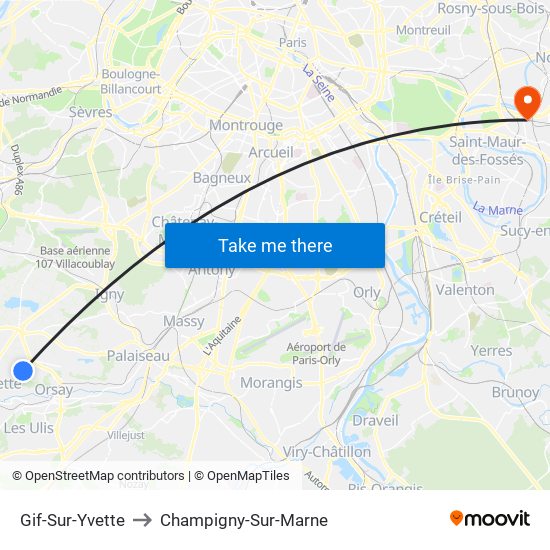 Gif-Sur-Yvette to Champigny-Sur-Marne map