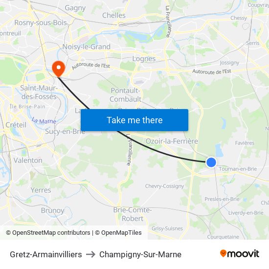 Gretz-Armainvilliers to Champigny-Sur-Marne map