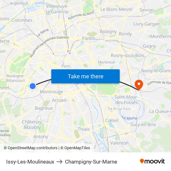 Issy-Les-Moulineaux to Champigny-Sur-Marne map