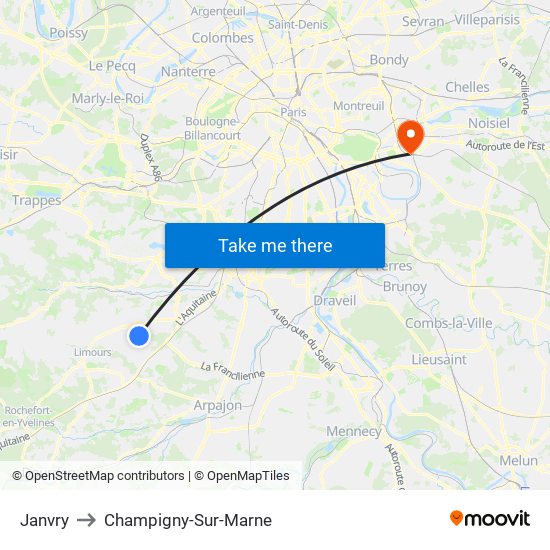 Janvry to Champigny-Sur-Marne map