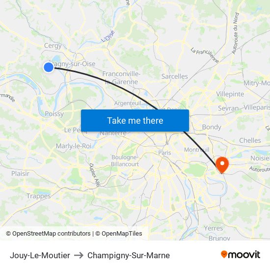 Jouy-Le-Moutier to Champigny-Sur-Marne map