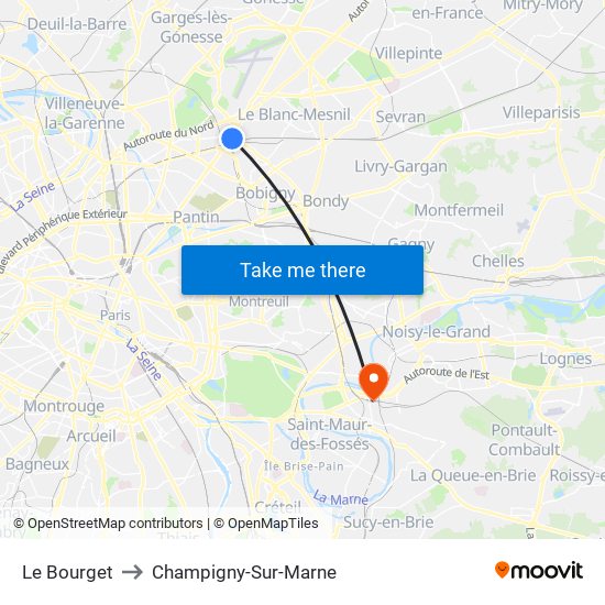 Le Bourget to Champigny-Sur-Marne map