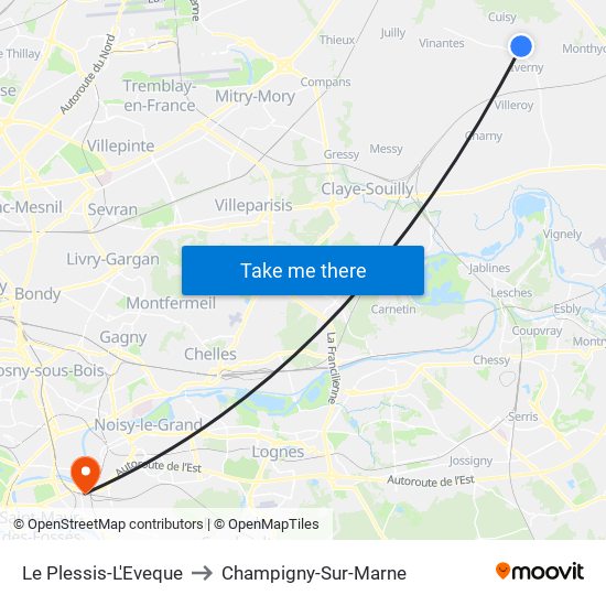 Le Plessis-L'Eveque to Champigny-Sur-Marne map