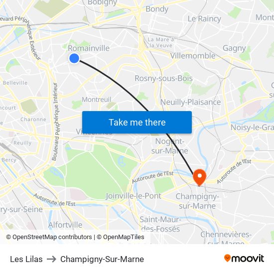 Les Lilas to Champigny-Sur-Marne map