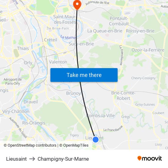 Lieusaint to Champigny-Sur-Marne map
