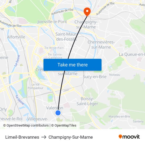 Limeil-Brevannes to Champigny-Sur-Marne map