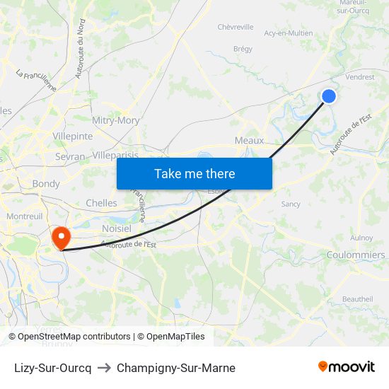 Lizy-Sur-Ourcq to Champigny-Sur-Marne map