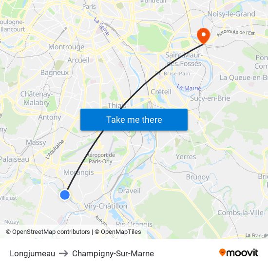Longjumeau to Champigny-Sur-Marne map