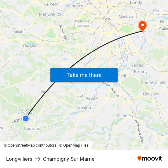 Longvilliers to Champigny-Sur-Marne map