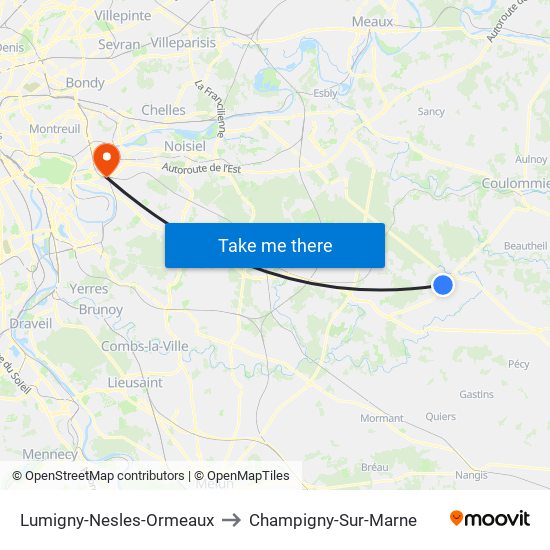 Lumigny-Nesles-Ormeaux to Champigny-Sur-Marne map