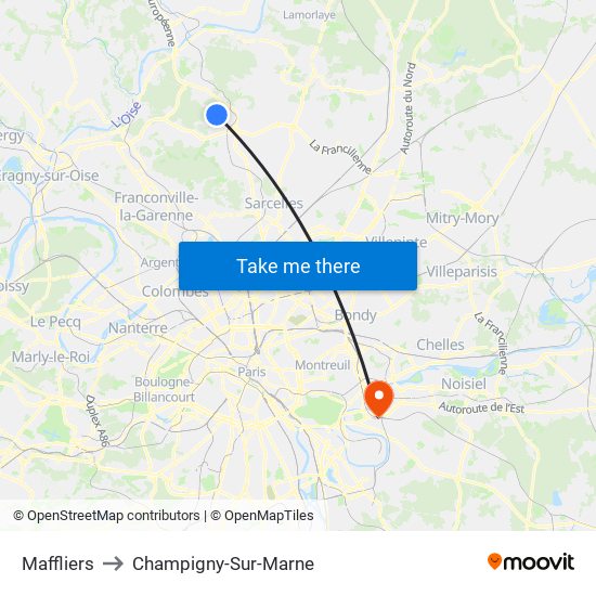 Maffliers to Champigny-Sur-Marne map