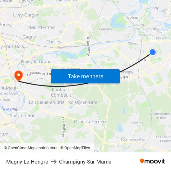 Magny-Le-Hongre to Champigny-Sur-Marne map