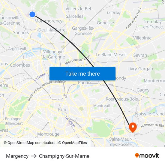 Margency to Champigny-Sur-Marne map
